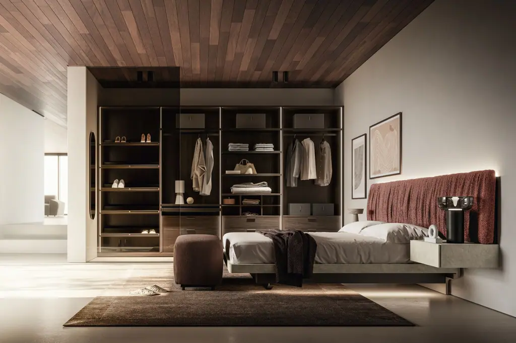 Camera da letto con testiera imbottita e cabina armadio a vista, Santalucia Mobili