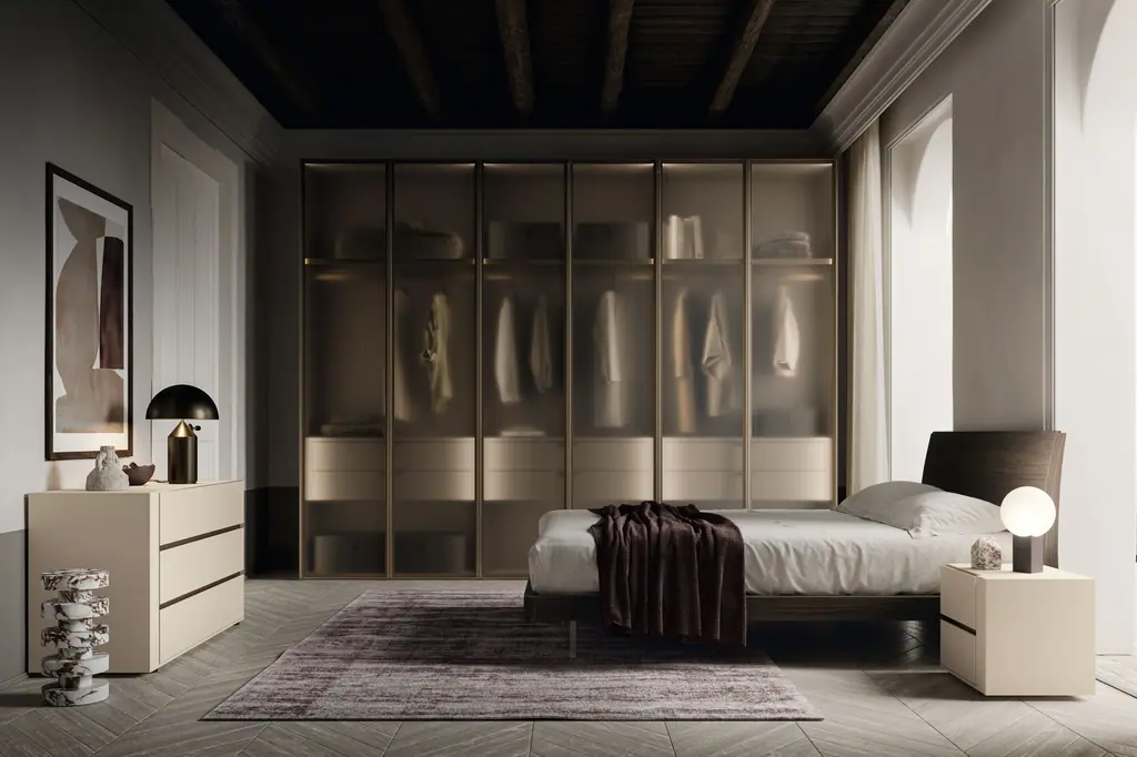 Camera con letto imbottito e armadio con ante in vetro, Santalucia Mobili