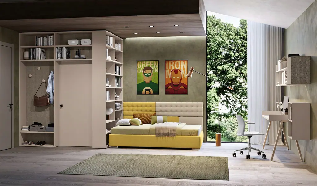 Cameretta con letto imbottito giallo, libreria a parete e scrivania vicino alla finestra, Ferrimobili