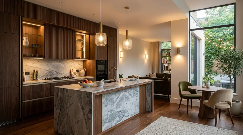 Render fotorealistico: Cucina in noce con isola in quarzite