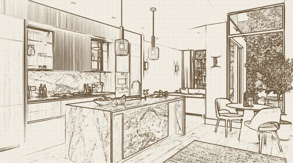 Disegno tecnico: Cucina in noce con isola in quarzite