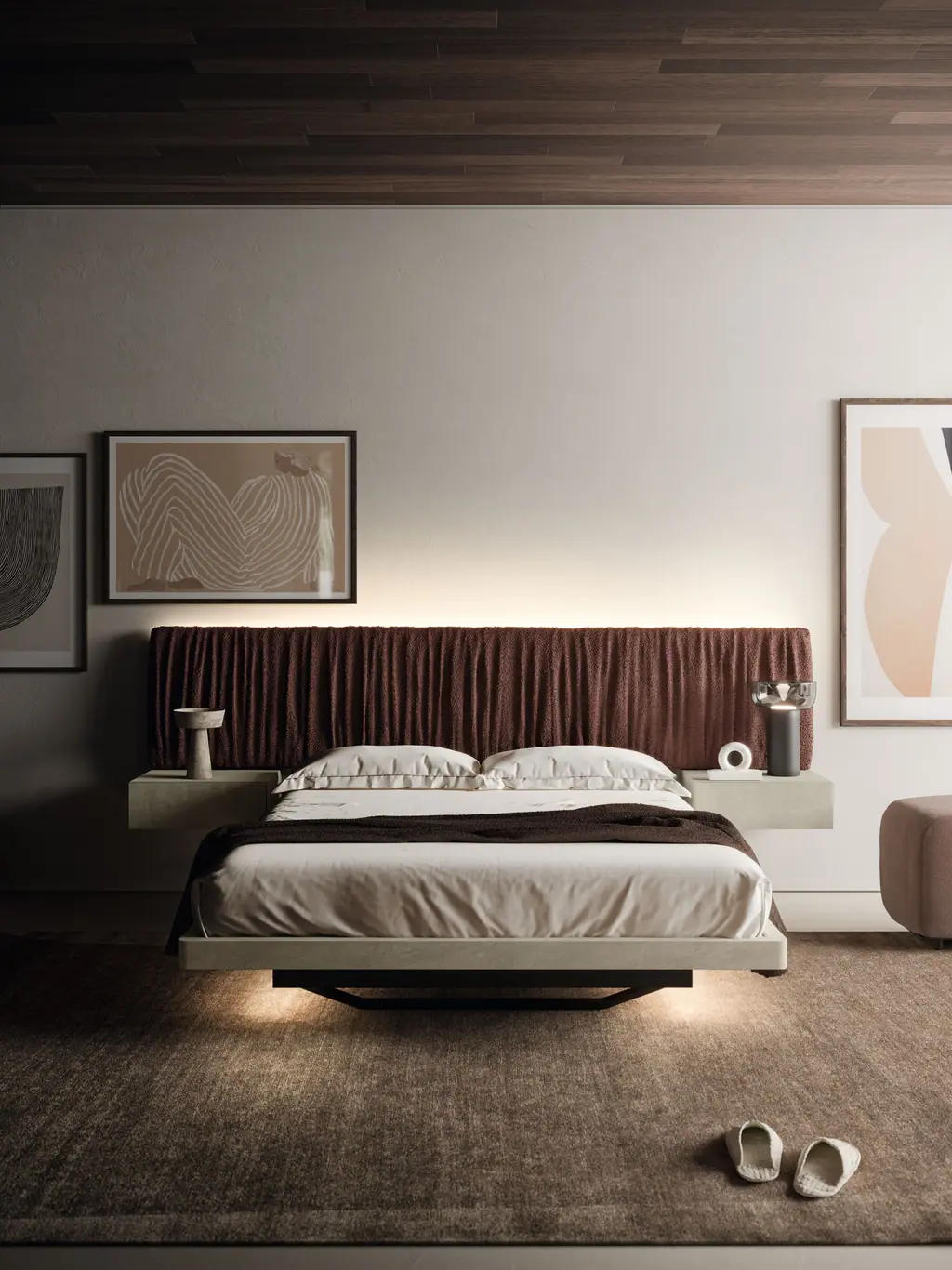 Letto con testiera imbottita e comodini sospesi, Santalucia Mobili