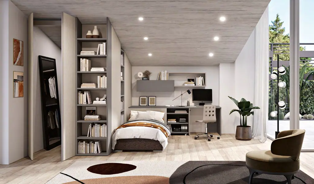 Cameretta con libreria a parete, letto e scrivania, Ferrimobili
