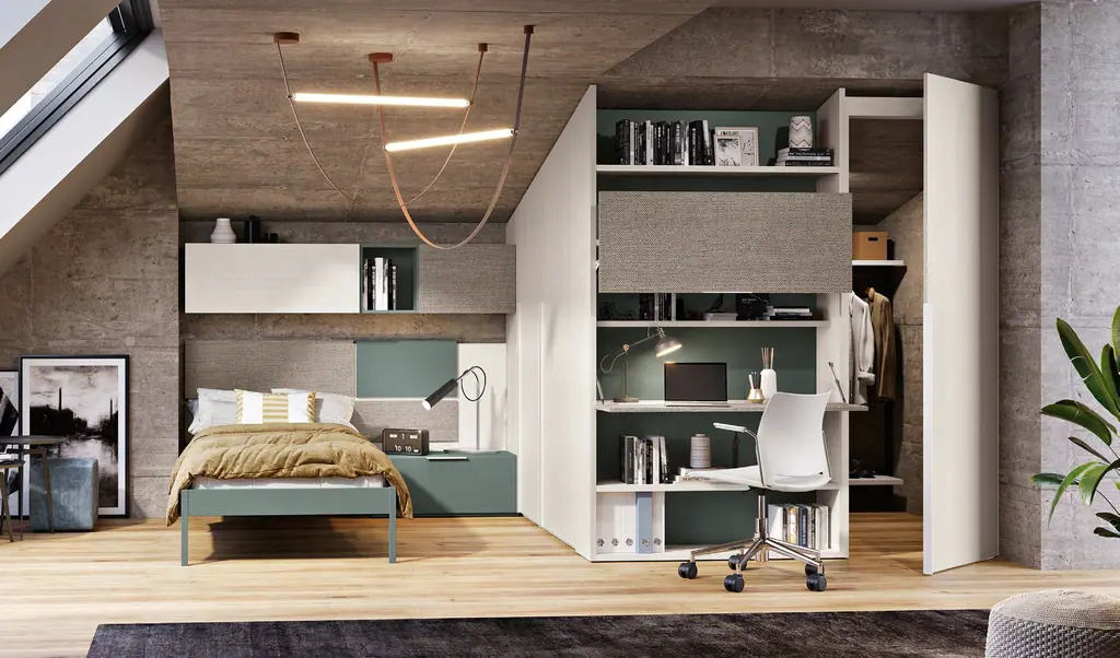 Cameretta con letto, libreria e postazione studio, Ferrimobili