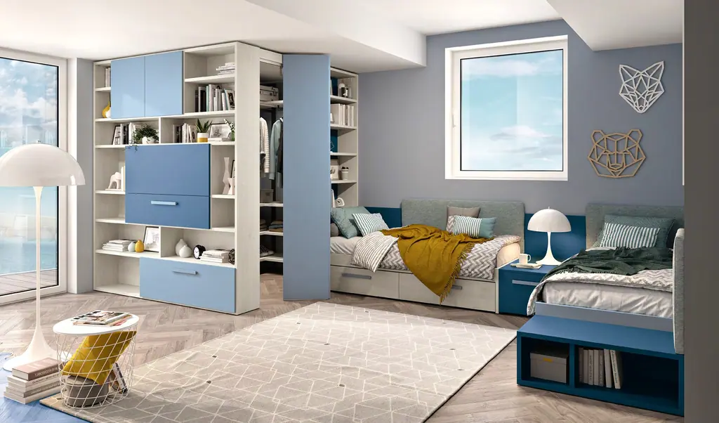 Cameretta con due letti, libreria e armadio azzurro, Ferrimobili