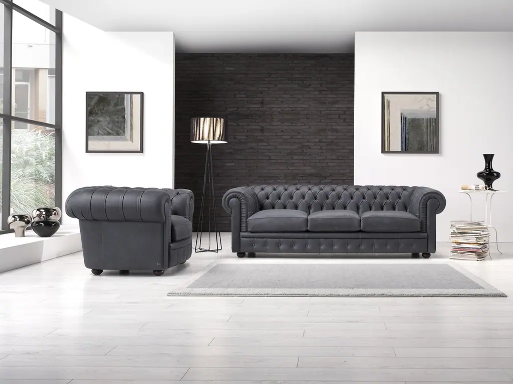 Divano e poltrona capitonné grigio scuro, Nicoletti Home