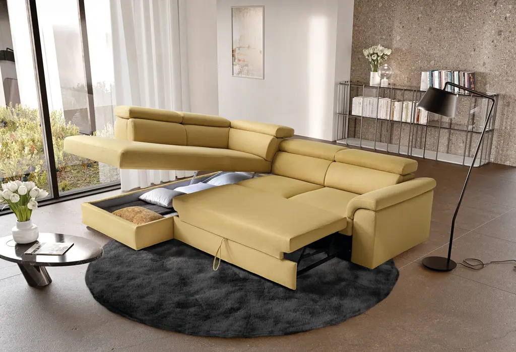 Divano letto giallo aperto con penisola, LeComfort