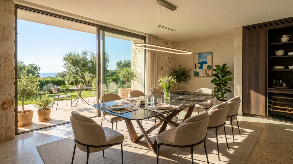 Render fotorealistico: Zona pranzo con vista sul giardino