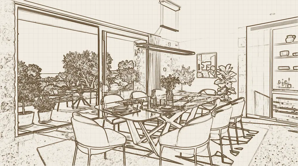 Disegno tecnico: Zona pranzo con vista sul giardino